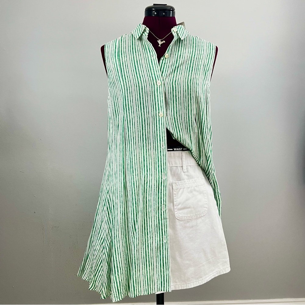 Anthropologie 11.1 Tylho Percy Green and White Striped Sleeveless Tunic